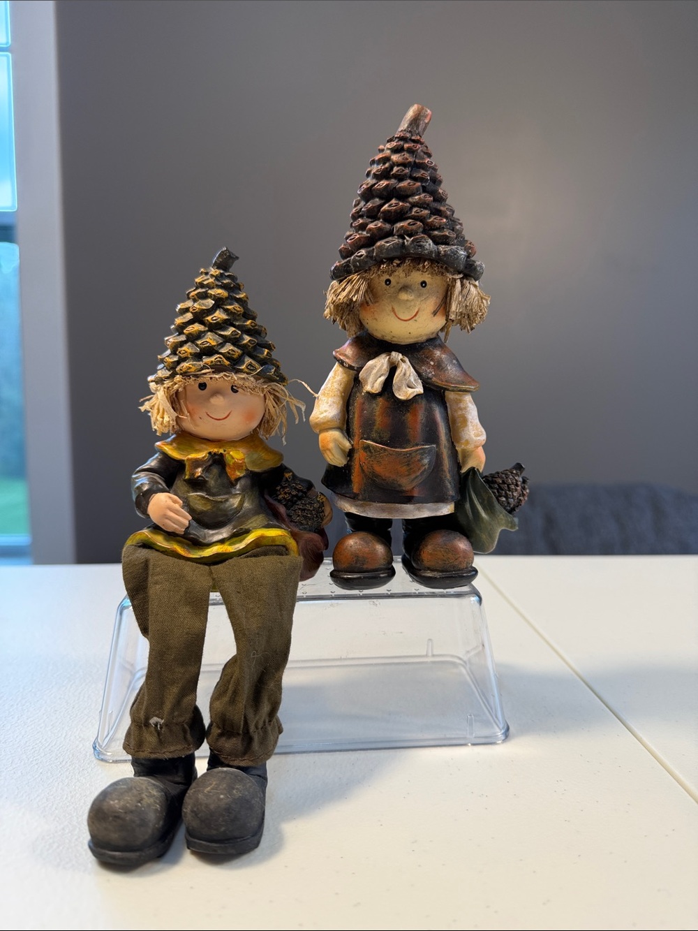 Scarecrow Figurines Pinecone Hats Fall Harvest Decor Set of 2